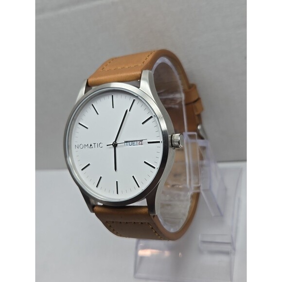 Nomatic Swiss Ronda Day Date Watch 45mm Stainless Brown Leather New Battery Mens - Picture 2 of 12